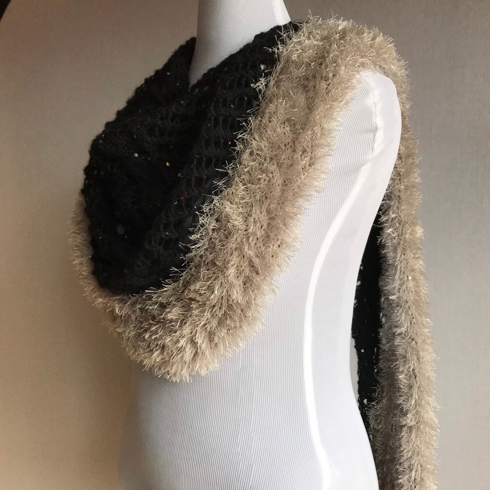 New Hand Knitted Shawl with Fur trim and sequins. Long scarf, Wrap.Gift for Her - Picture 14 of 16